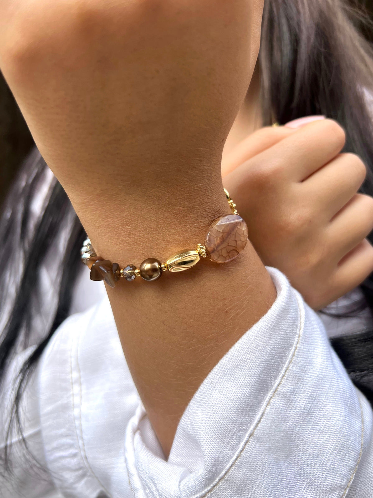 Pulseira Pedra Natural Ágata Marrom e Fecho Bóia 20cm - Tiff Joias