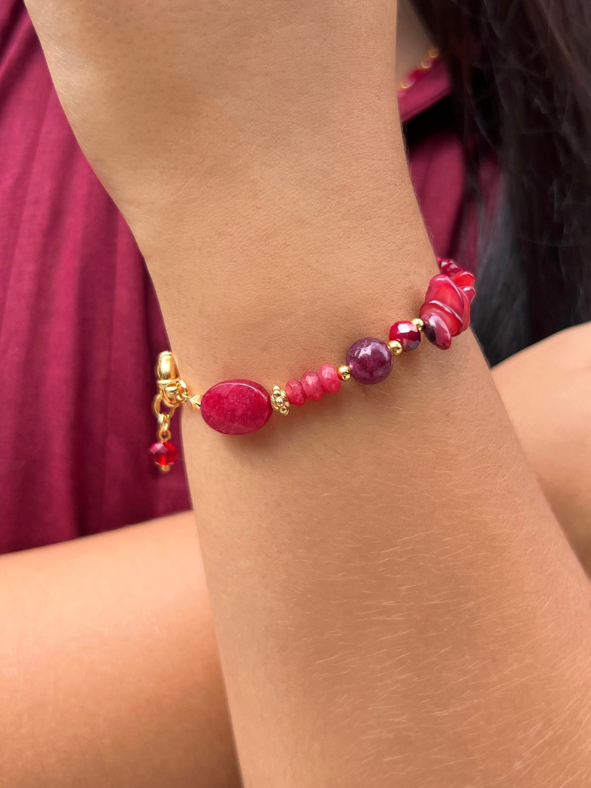 Pulseira Pedra Natural Jade Rubi 18cm - Tiff Joias