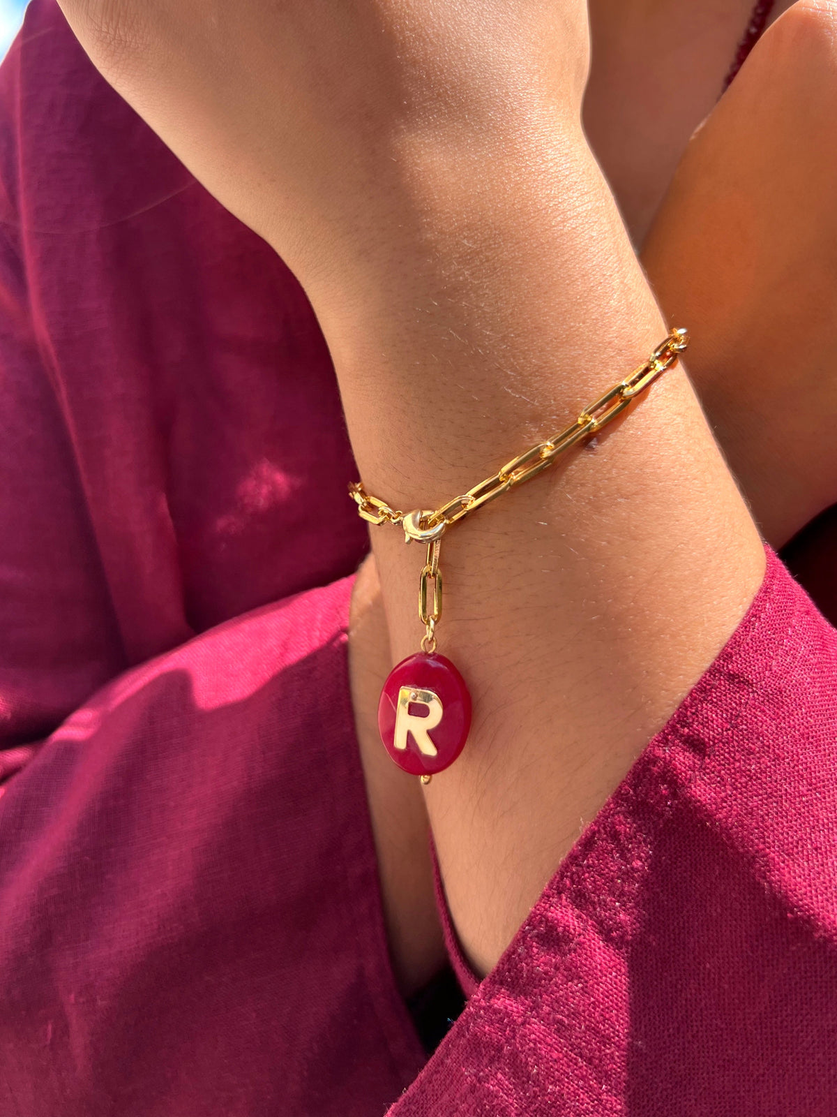 Pulseira Pins Removíveis Pedra Jade Rubi Com Inicial 19,5cm - Tiff Joias