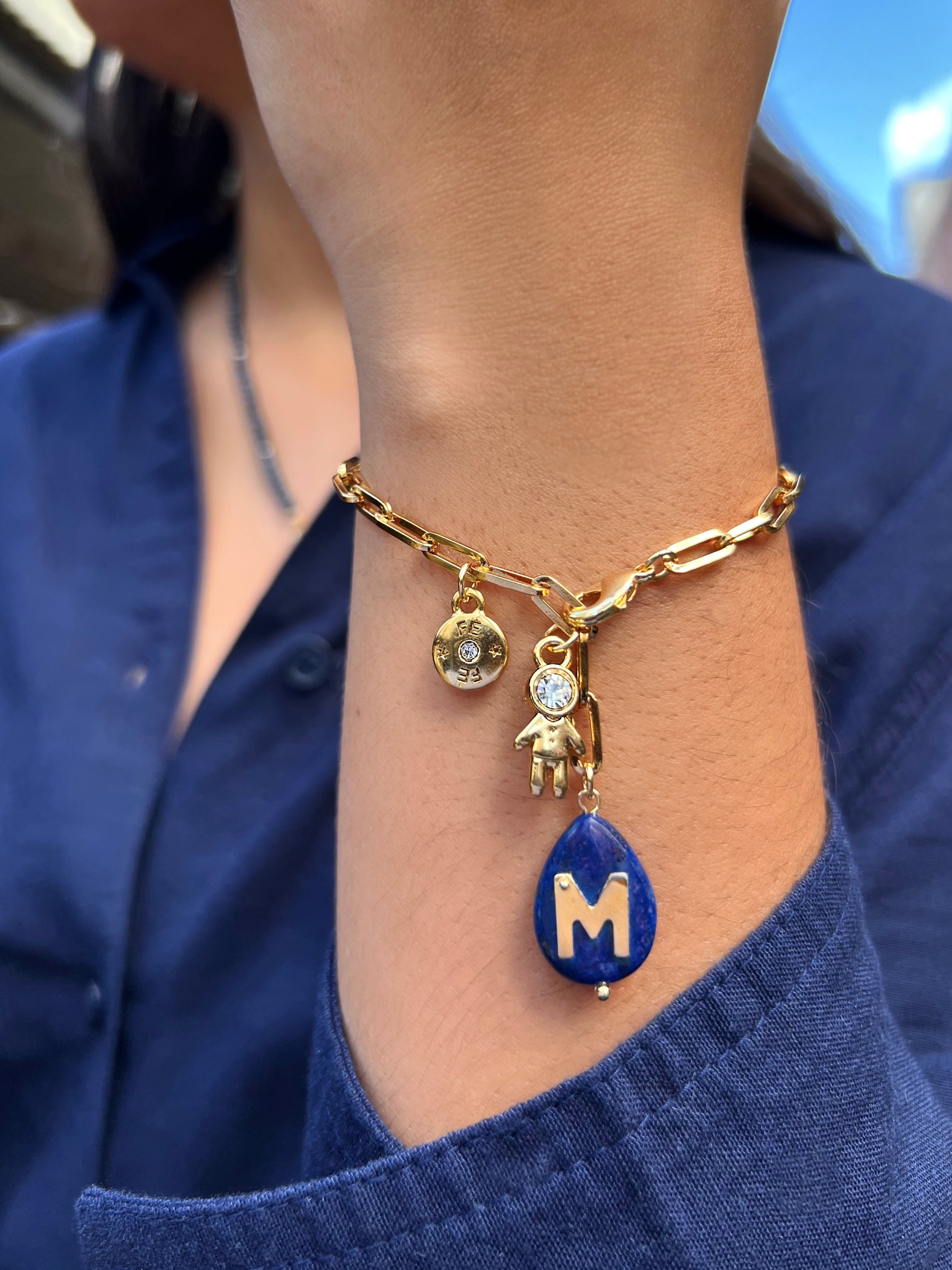Pulseira Pins Removíveis Pedra Lapis Lazuli Com Inicial 19,5cm - Tiff Joias
