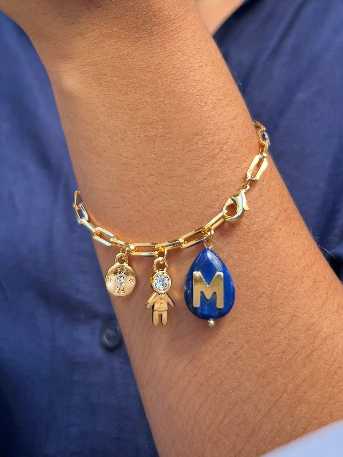 Pulseira Pins Removíveis Pedra Lapis Lazuli Com Inicial 19,5cm - Tiff Joias