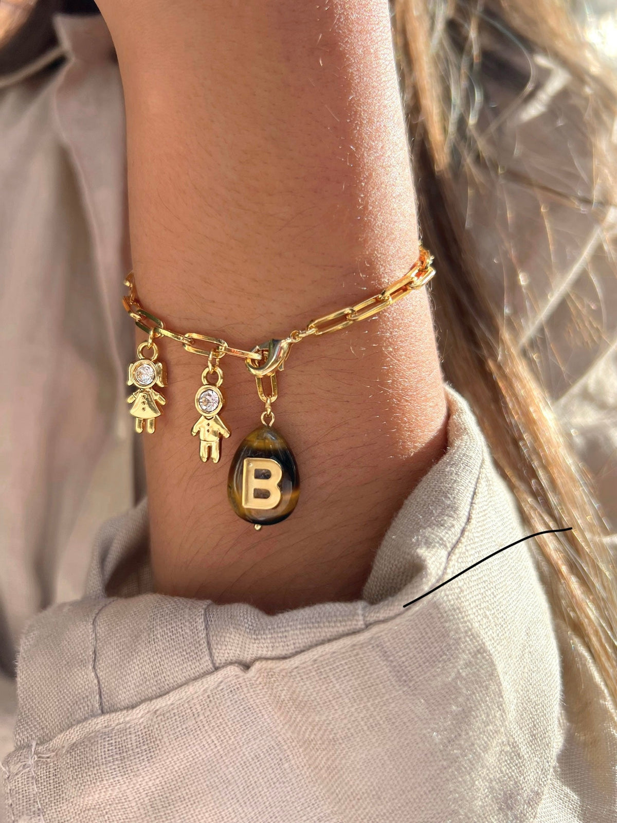 Pulseira Pins Removíveis Pedra Olho De Tigre Com Inicial 19,5cm - Tiff Joias