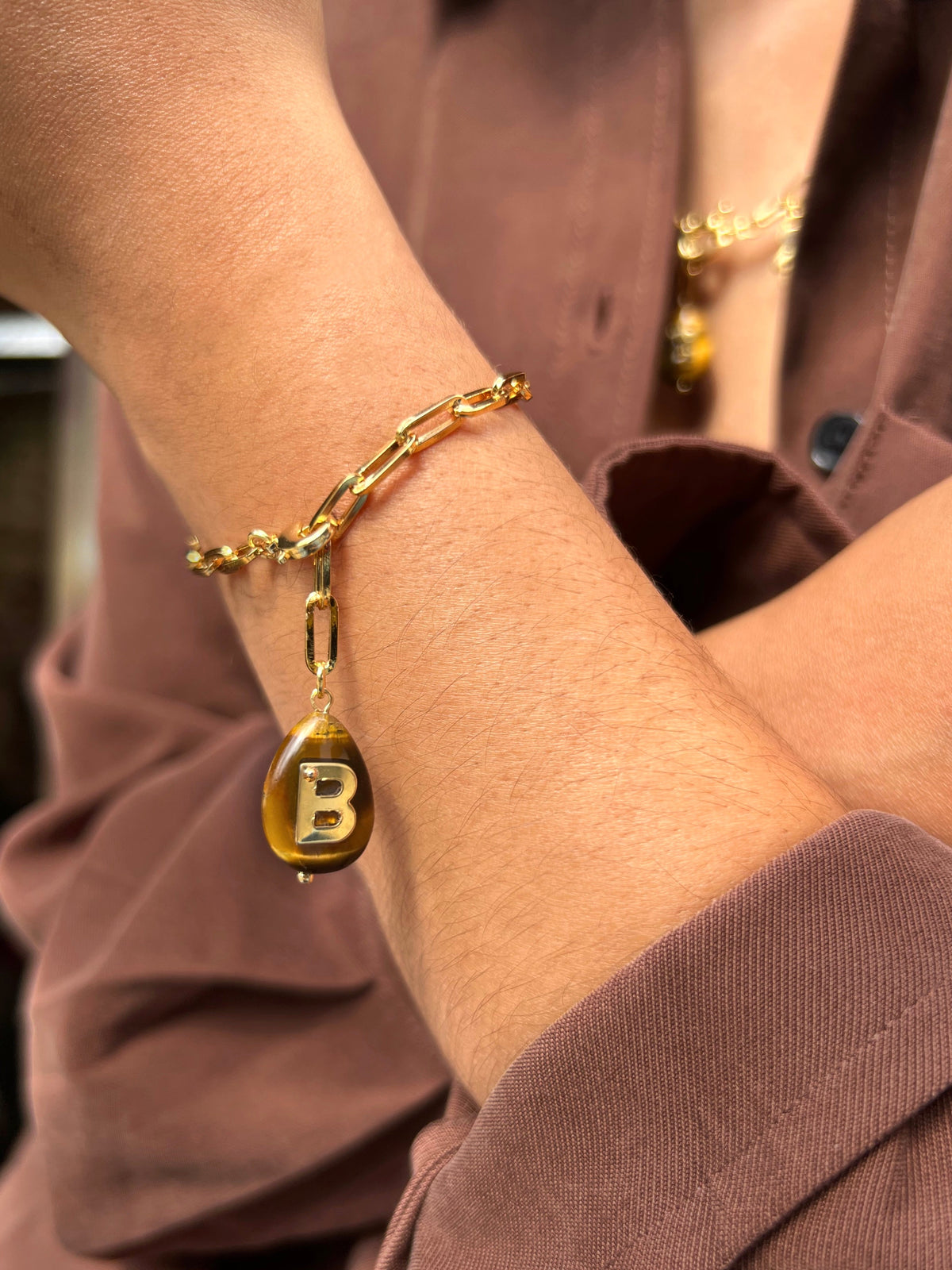 Pulseira Pins Removíveis Pedra Olho De Tigre Com Inicial 19,5cm - Tiff Joias