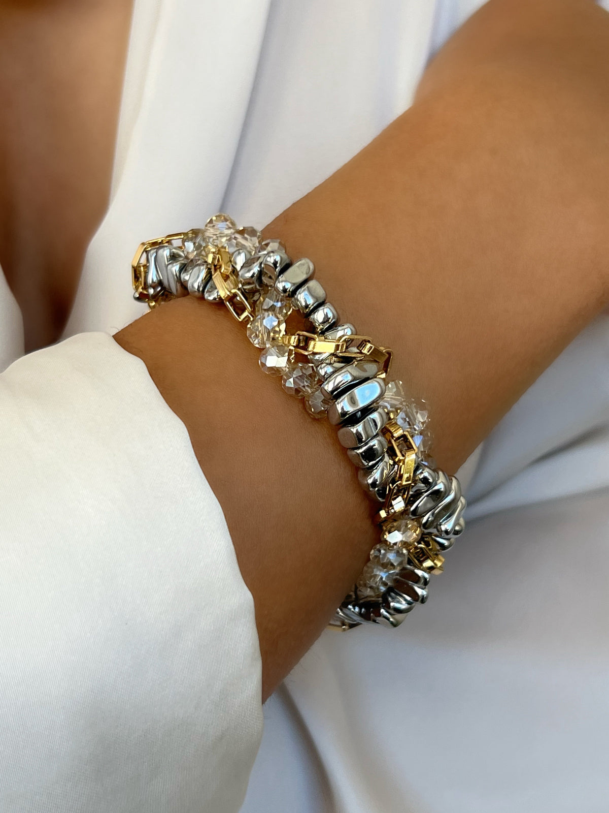 Pulseira Rebeca Hematitas Ródio Torcido com Cristais e Corrente 18cm - Tiff Joias