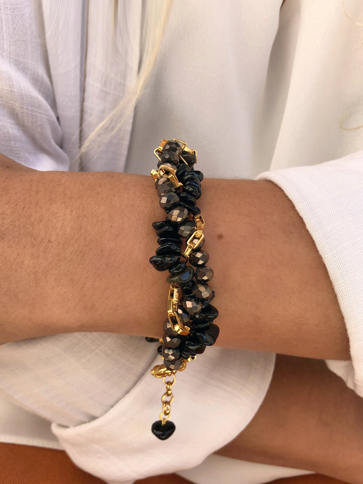 Pulseira Rebeca Torcido Com Cristais, Corrente E Cascalho Ônix 18cm - Tiff Joias