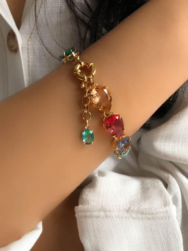 Pulseira Riviera Gotas Nas Cores Tanzanita, Rubelita, Morganita, Turmalina Paraíba E Água Marinha E Fecho Bóia 18cm - Tiff Joias