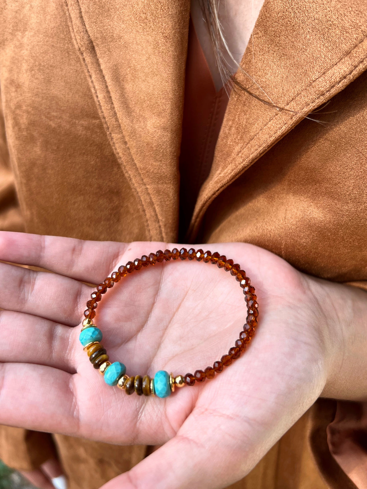 Pulseira Rodelas Olho De Tigre e Pedras Turquesas 17cm - Tiff Joias