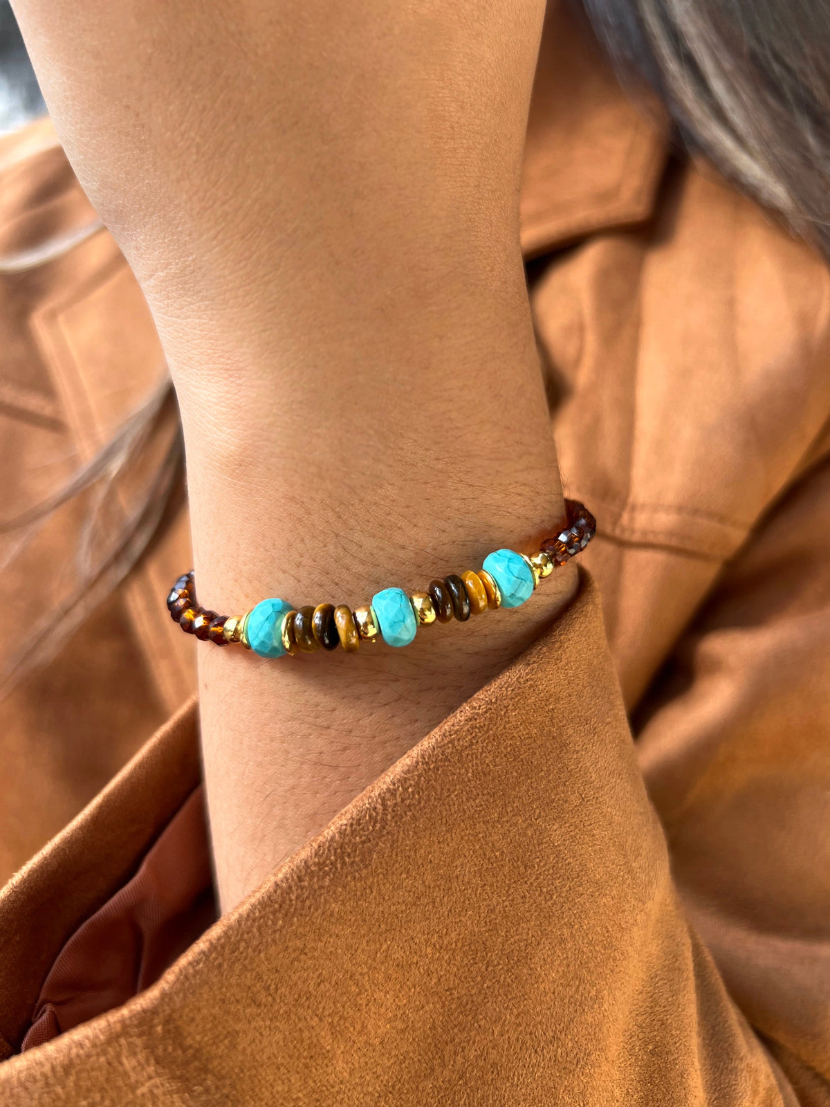 Pulseira Rodelas Olho De Tigre e Pedras Turquesas 17cm - Tiff Joias