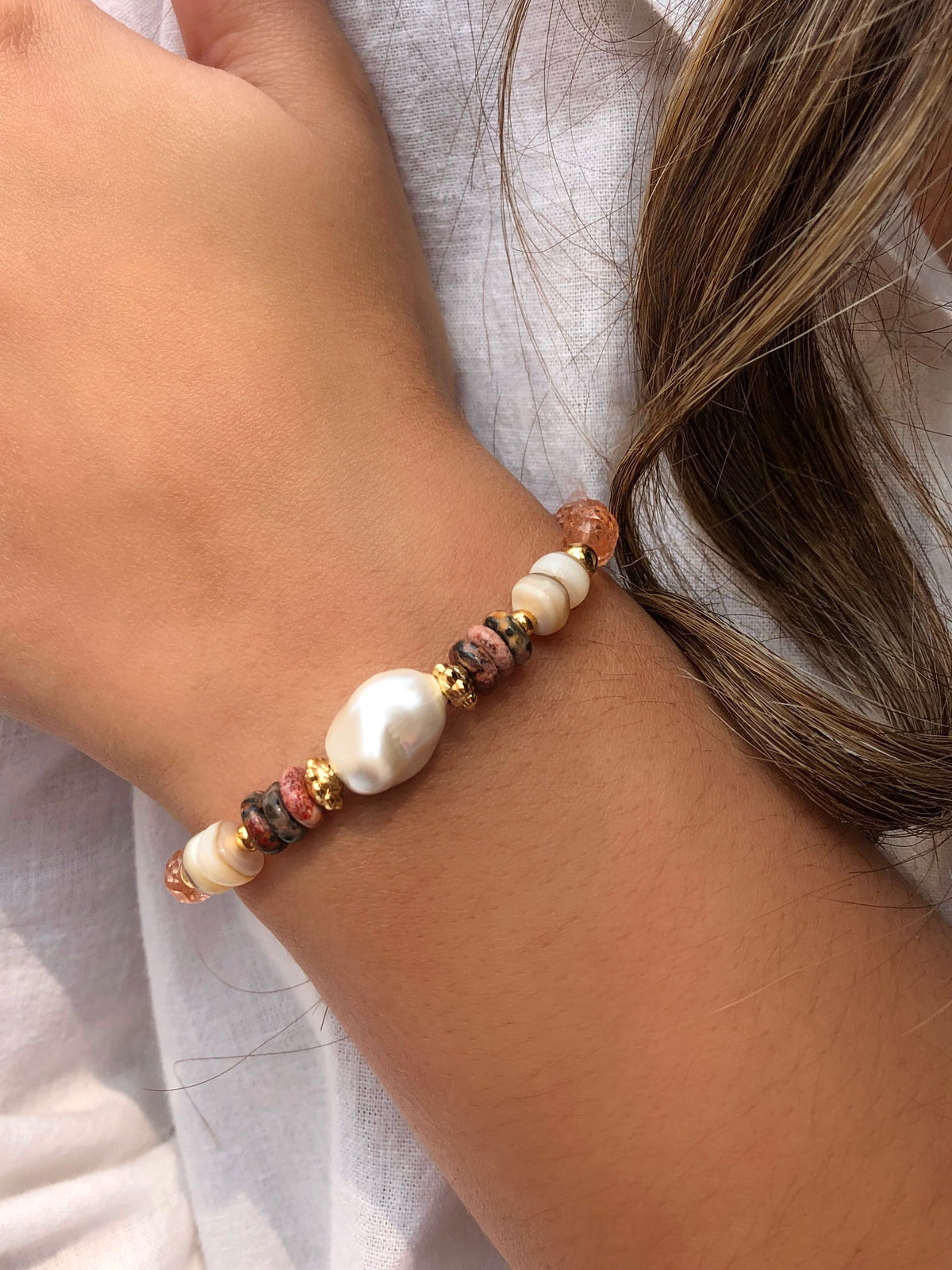 Pulseira Stela Com Jaspe Leopardo E Pérola Barroca Shell - Tiff Joias