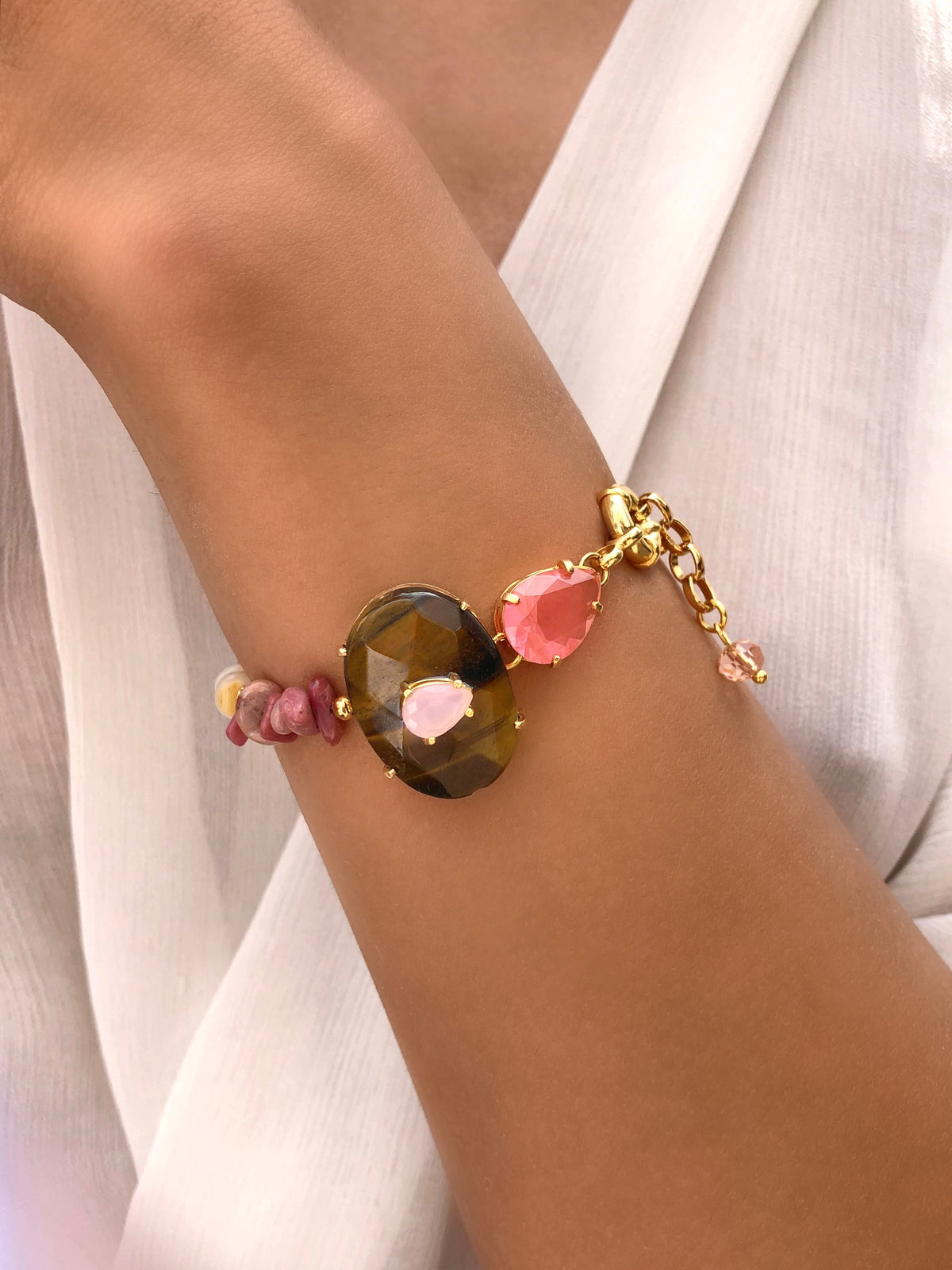 Pulseira Stela Pedra Natural Olho De Tigre E Gota Cherry - Tiff Joias