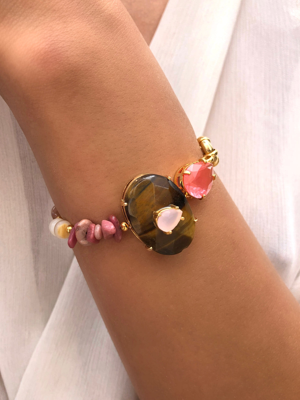 Pulseira Stela Pedra Natural Olho De Tigre E Gota Cherry - Tiff Joias