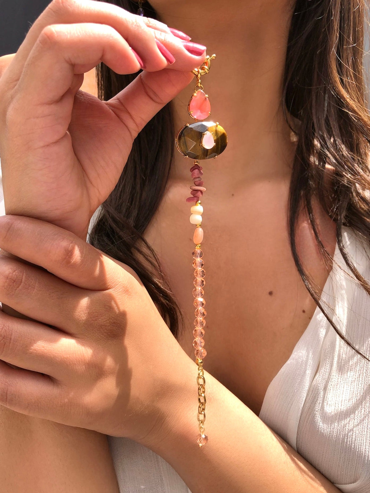 Pulseira Stela Pedra Natural Olho De Tigre E Gota Cherry - Tiff Joias