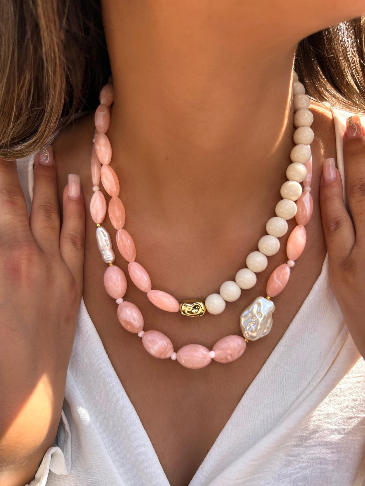 SUPER OFERTA!!! Mix De Dois Colares Pedras Acrílicas Rosa - Tiff Joias