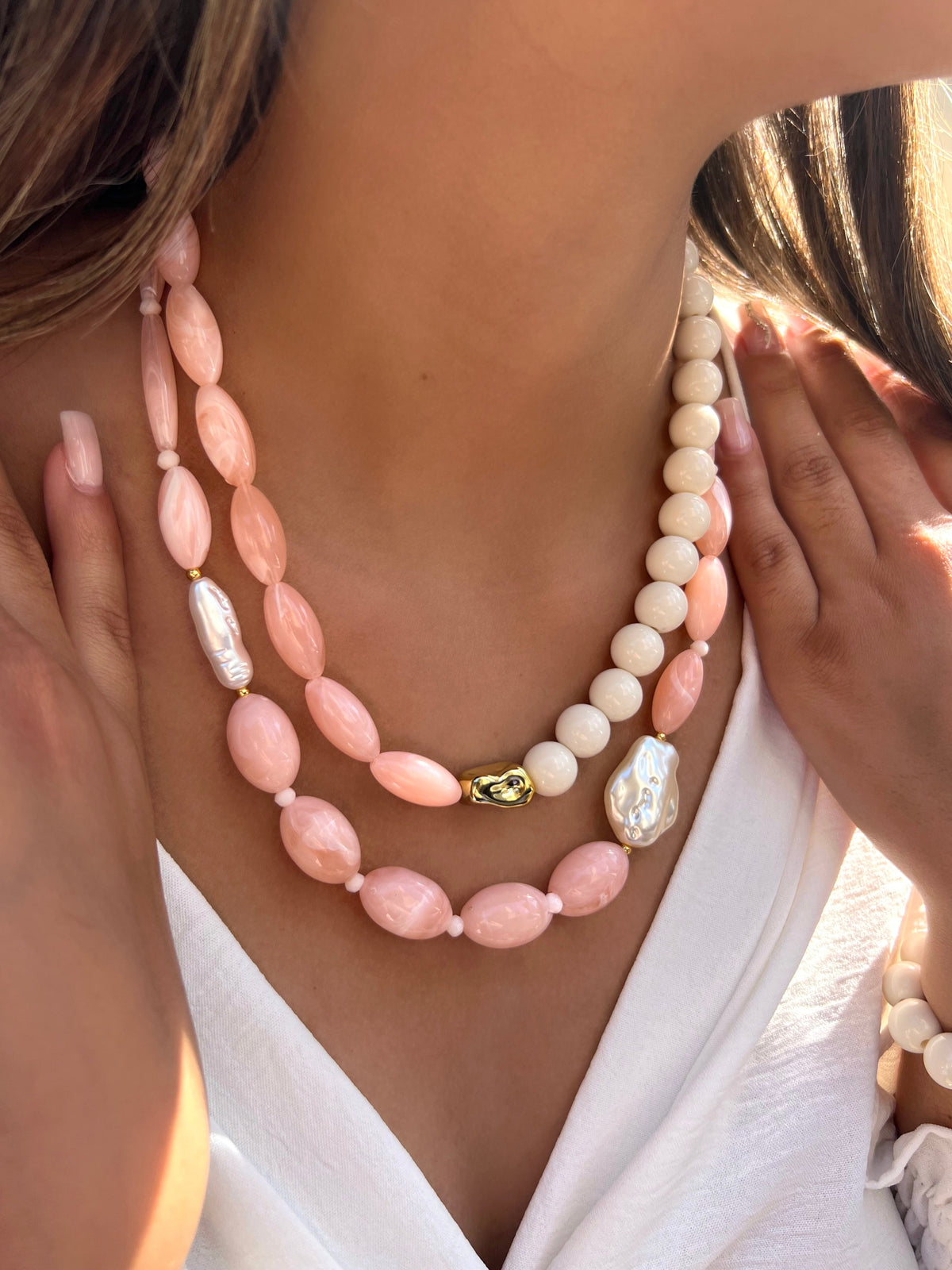 SUPER OFERTA!!! Mix De Dois Colares Pedras Acrílicas Rosa - Tiff Joias