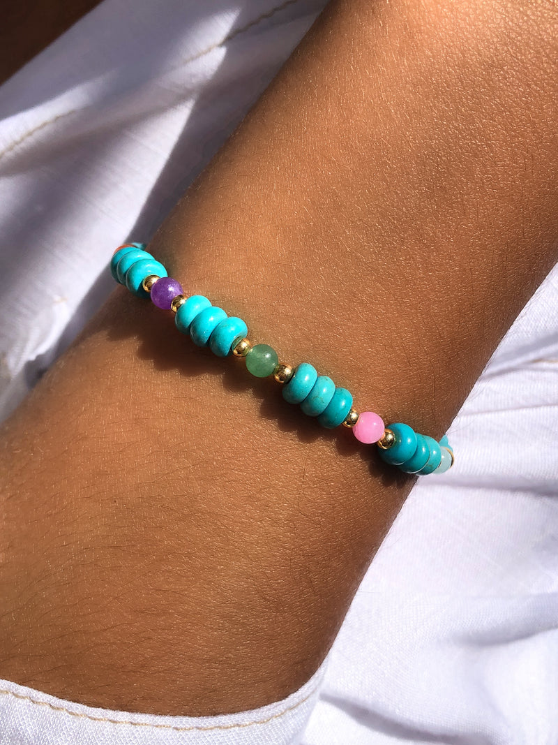 Pulseira Estela Com Pedras Naturais Coloridas, Discos Turquesa  E Bolinhas