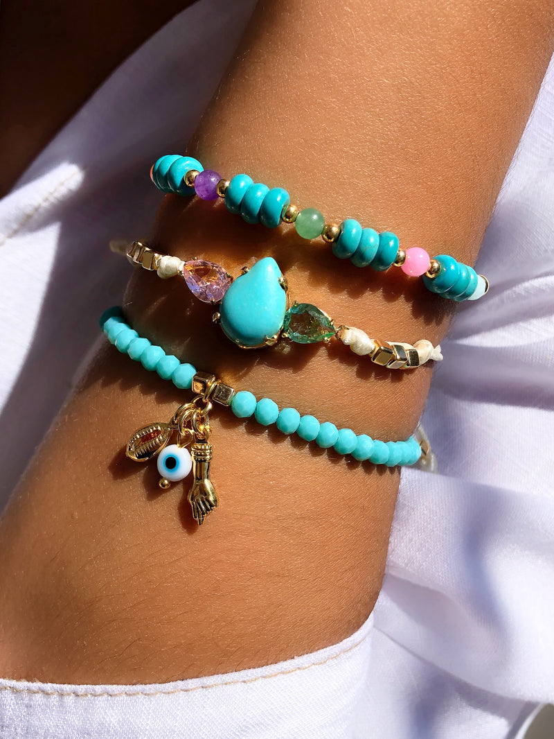 Mix De Pulseiras Estela Cristais Lapidados E Pedras Naturais Turquesa