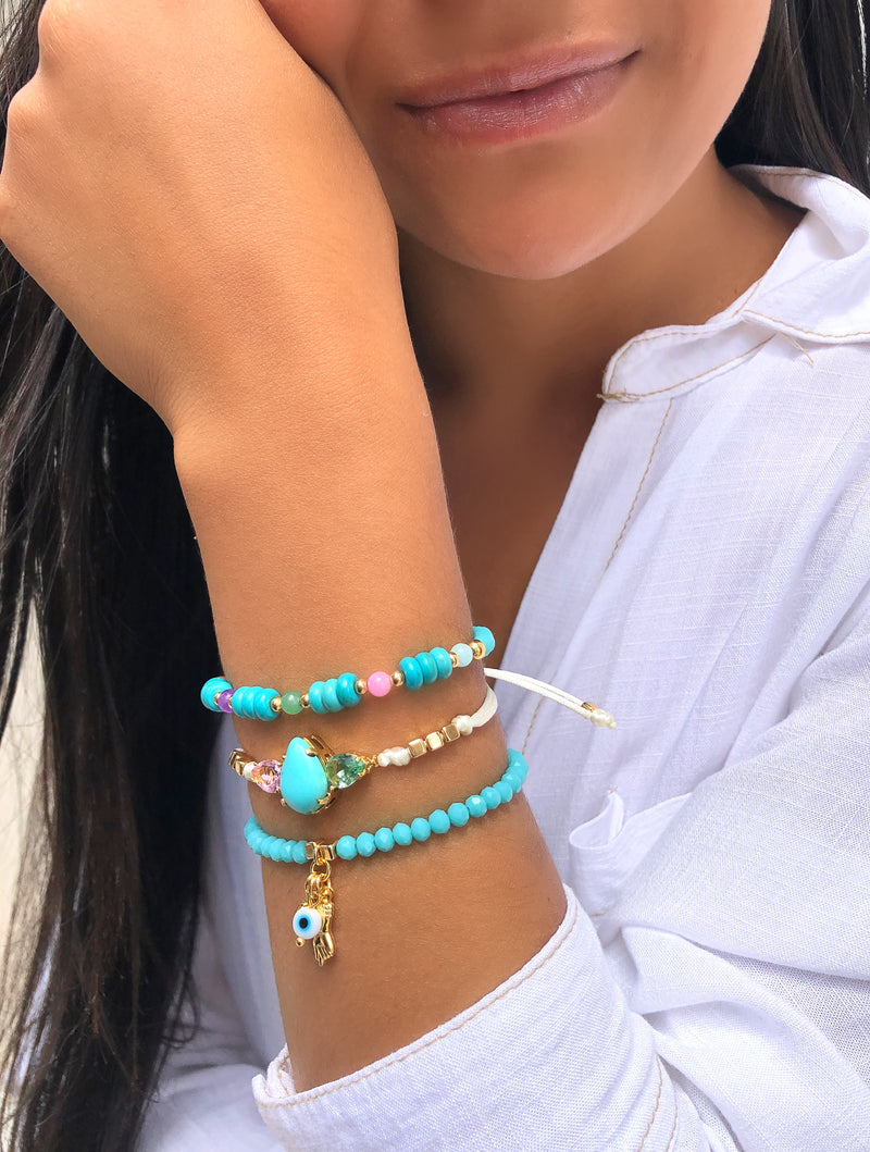 Mix De Pulseiras Estela Cristais Lapidados E Pedras Naturais Turquesa