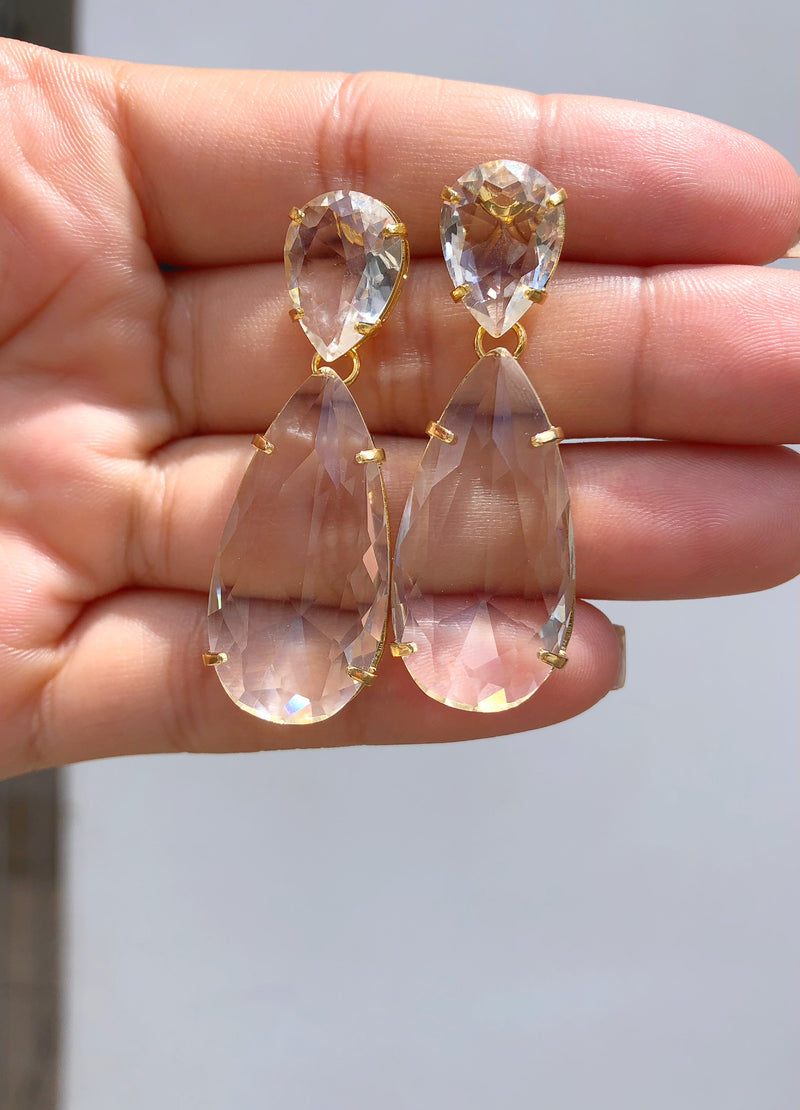 Par De Brincos Gotas Média e Grande Cristais Lapidados Cor Cristal
