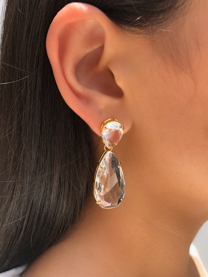 Par De Brincos Gotas Média e Grande Cristais Lapidados Cor Cristal