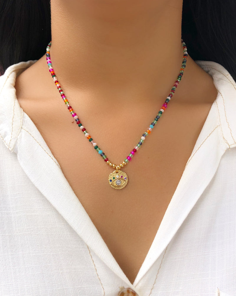 Colar Cristais Mix Coloridos E Medalha Olho Grego 40cm