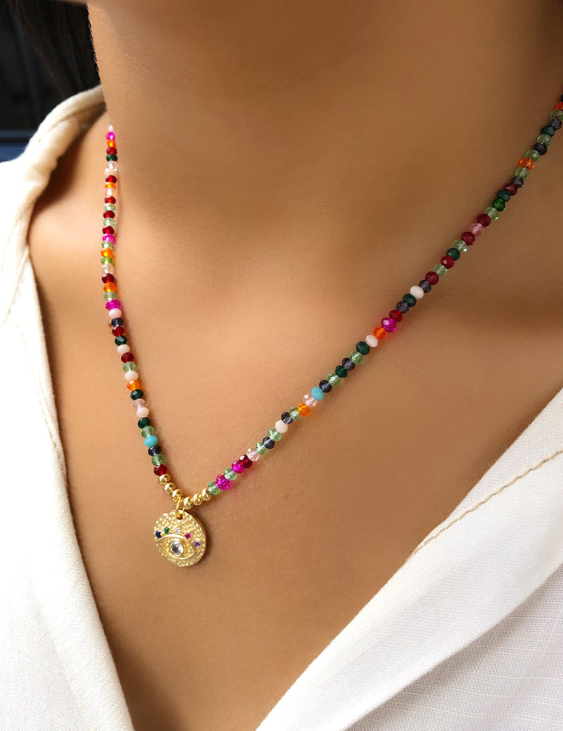 Colar Cristais Mix Coloridos E Medalha Olho Grego 40cm