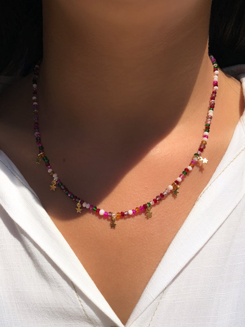 Colar Júlia Cristais Tons De Rosa E Mini Estrelas 40cm