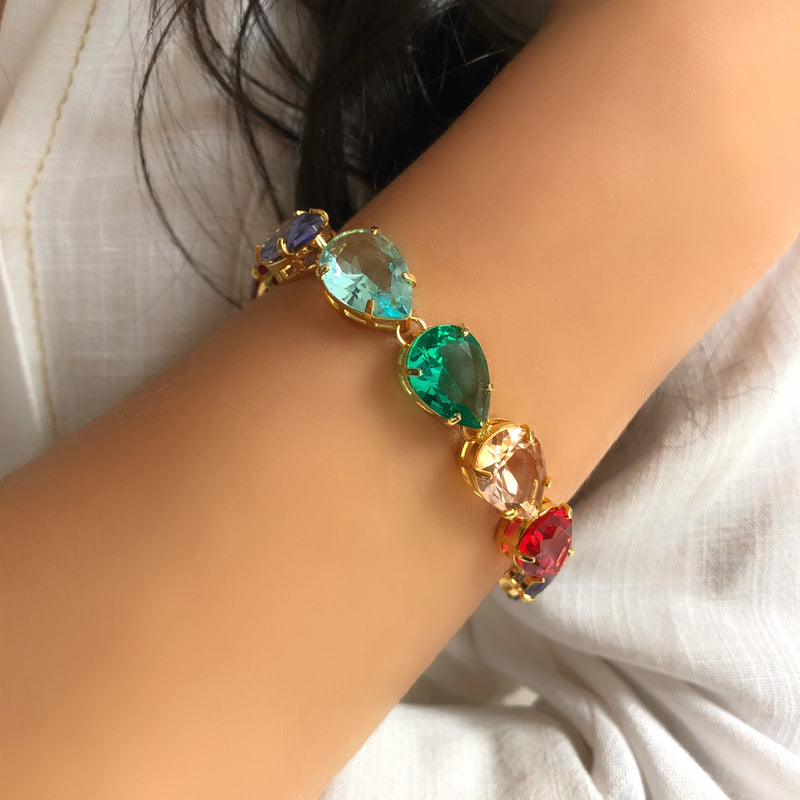 Pulseira Riviera Gotas Nas Cores Tanzanita, Rubelita, Morganita, Turmalina Paraíba E Água Marinha E Fecho Bóia 18cm