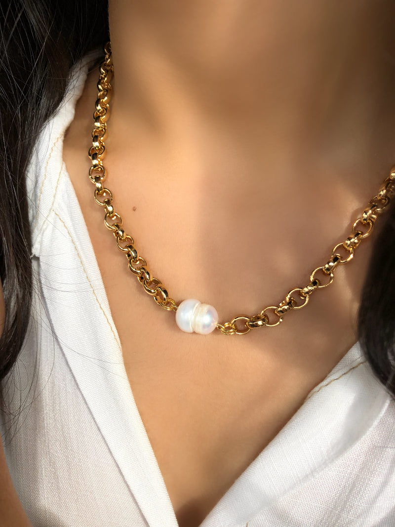 Colar Corrente Portuguesa E Pérola Água Doce 35cm