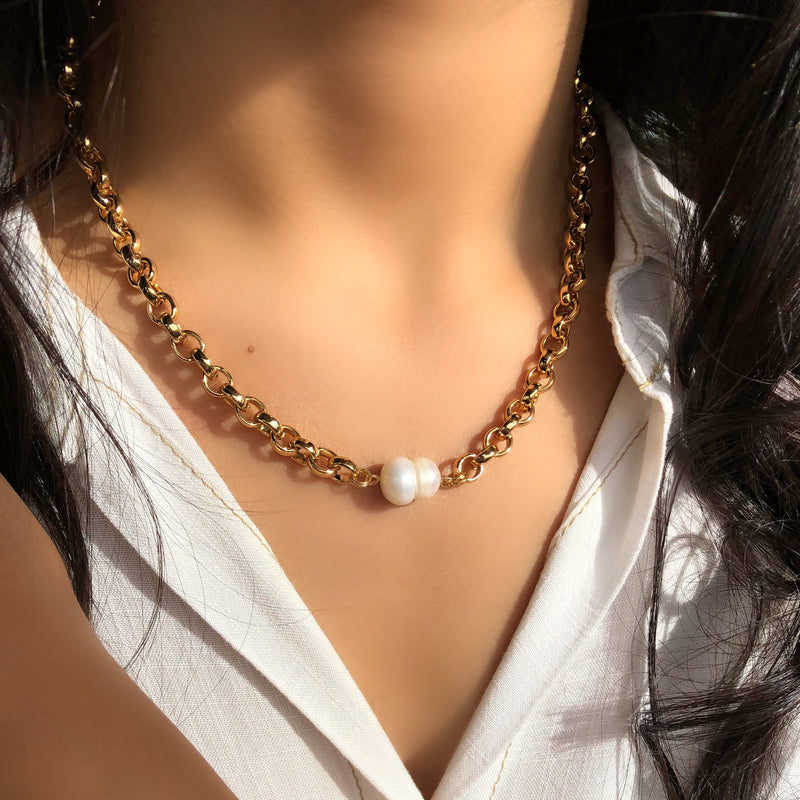 Colar Corrente Portuguesa E Pérola Água Doce 35cm