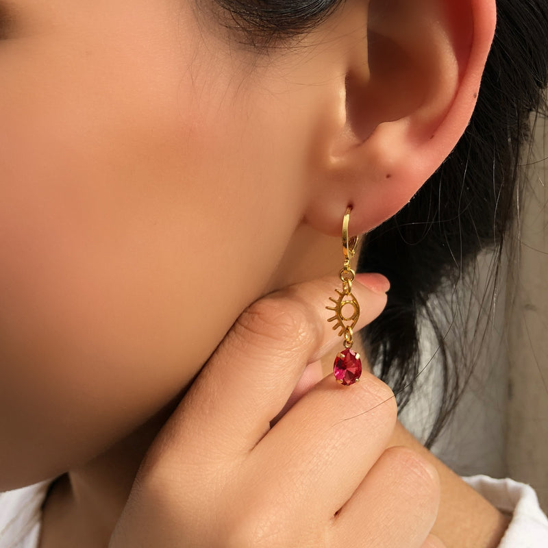 Par De Brincos Argola Com Olho Grego E Gota Cristal Lapidado Cor Rubelita