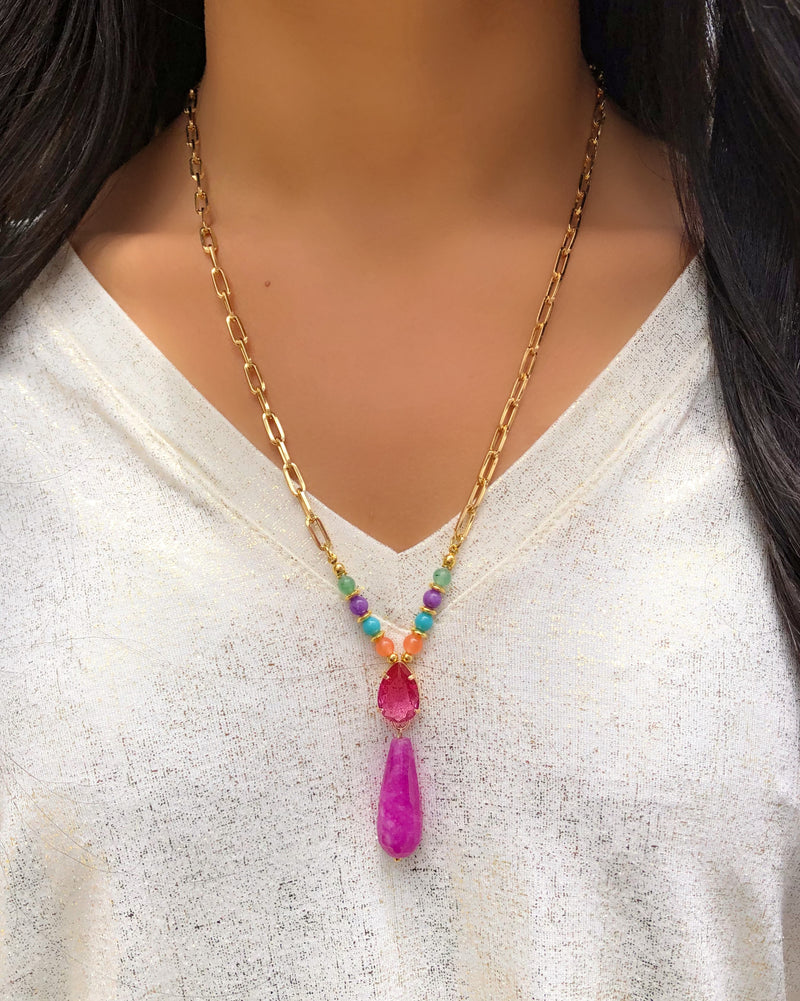 Colar Márcia Corrente Elos Fina, Pedras Naturais, Gota E Baquelite Pink