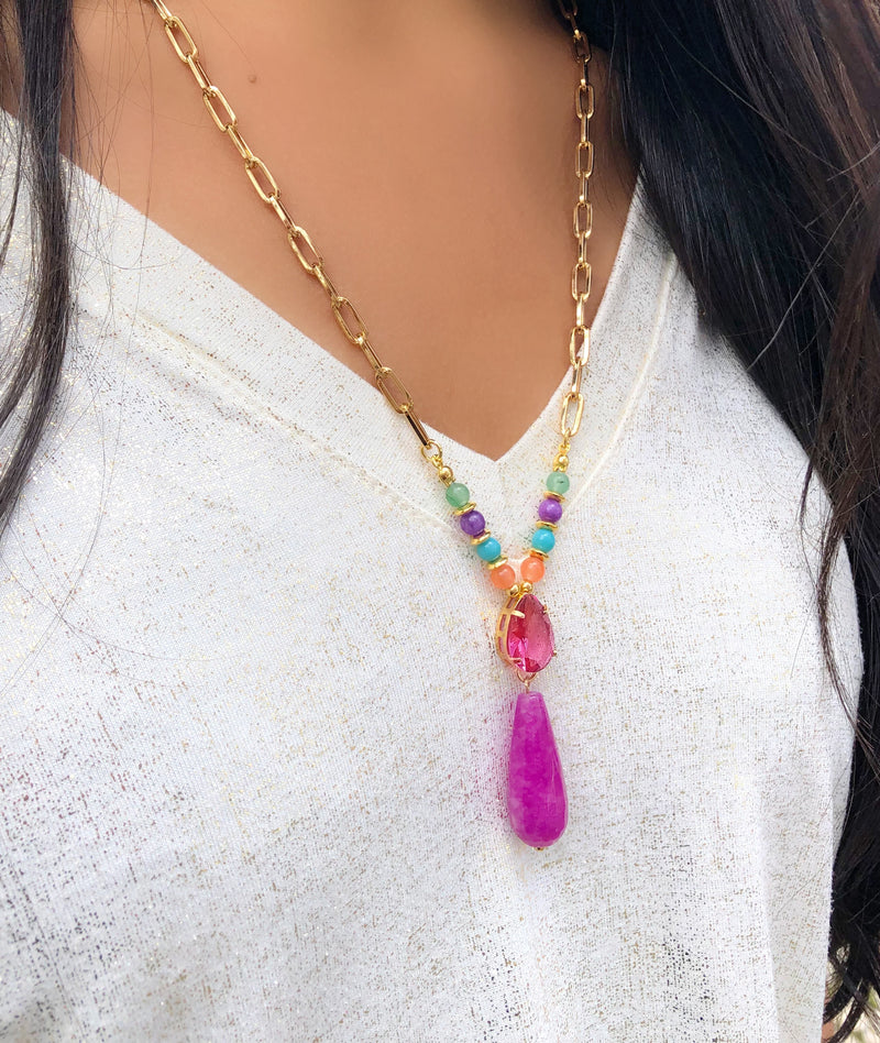 Colar Márcia Corrente Elos Fina, Pedras Naturais, Gota E Baquelite Pink