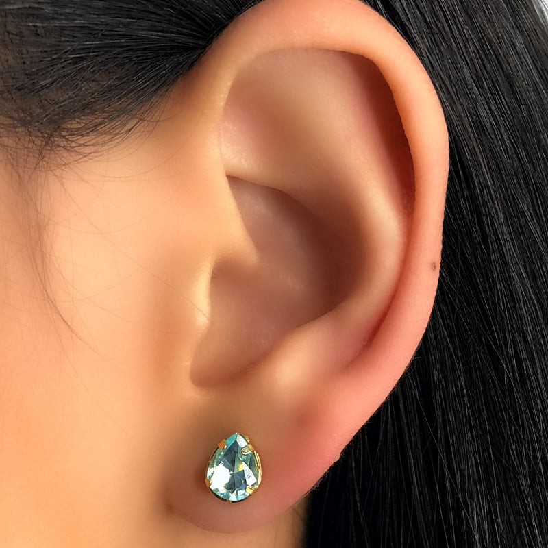 Par De Brincos Mini Gota Cristal Lapidado Cor Água Marinha