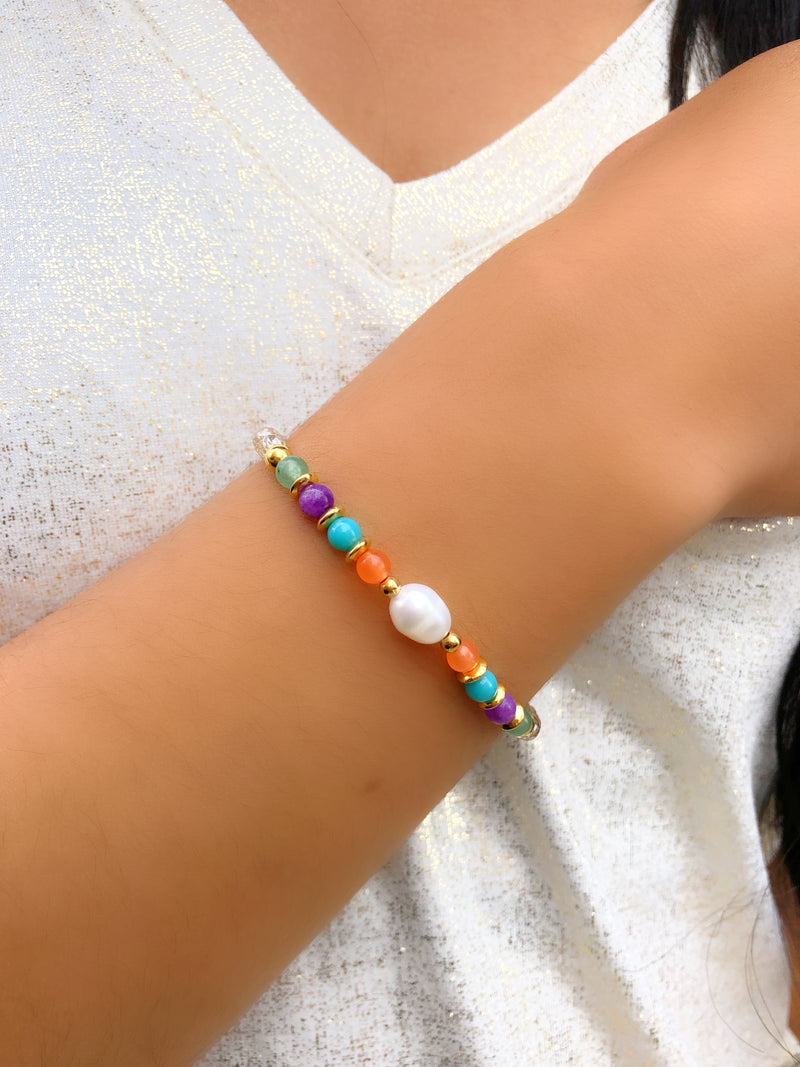 Pulseira Márcia Cristais Champagne Pedras Naturais Coloridas E Pérola Água Doce