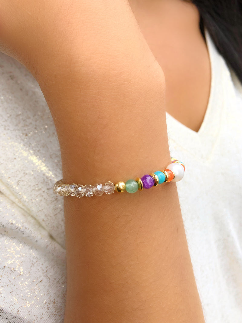 Pulseira Márcia Cristais Champagne Pedras Naturais Coloridas E Pérola Água Doce