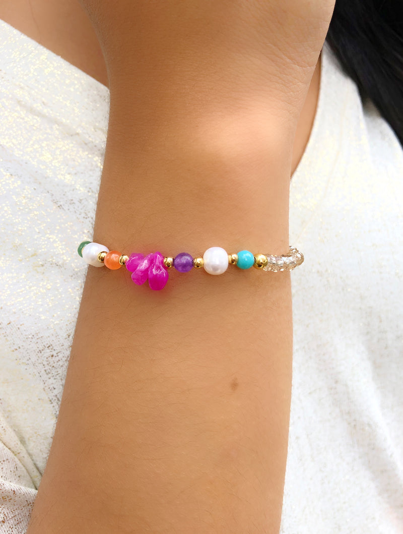 Pulseira Márcia Cristais Champagne, Pedras E Pérolas Naturais E Cascalho Pink