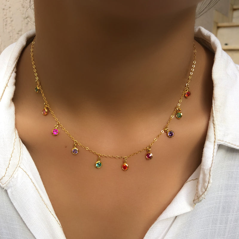 Colar Corrente Cadeado Com 10 Zircônias Coloridas 38cm