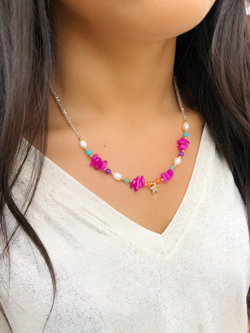 Colar Márcia Cristais Champagne, Pedras Naturais E Pérolas Água Doce Com Estrela Cravejada