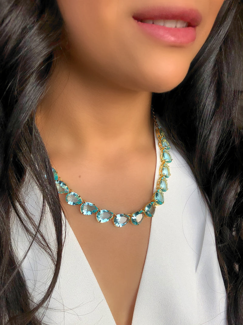 Colar Riviera Gotas Cristais Lapidados Cor Água Marinha E Corrente Mini Portuguesa 40cm