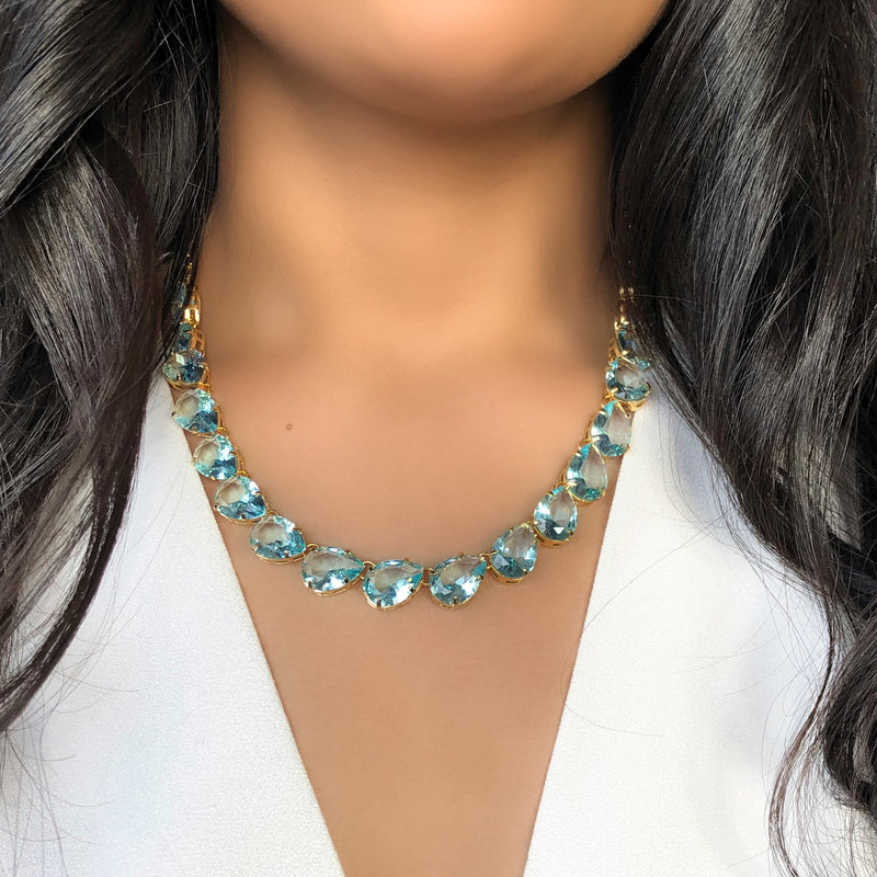 Colar Riviera Gotas Cristais Lapidados Cor Água Marinha E Corrente Mini Portuguesa 40cm