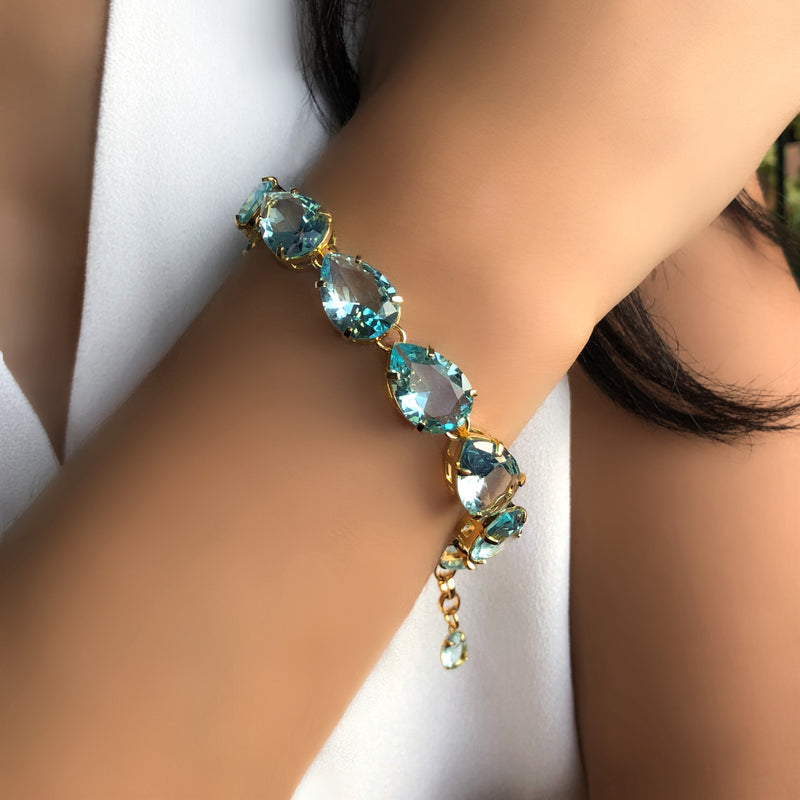Pulseira Riviera Gotas Cristais Lapidados Cor Água Marinha E Fecho Bóia 18cm