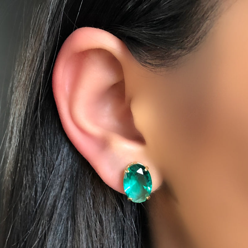 Par De Brincos Oval Cristal Lapidado Cor Turmalina Paraíba