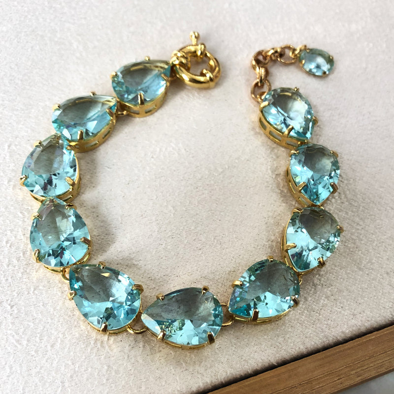 Pulseira Riviera Gotas Cristais Lapidados Cor Água Marinha E Fecho Bóia 18cm