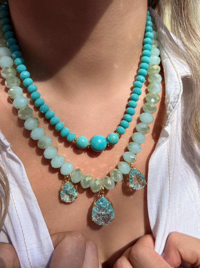 Colar Cristais Lapidados Cor Azul Turquesa E 3 Pedras Naturais Turquesa