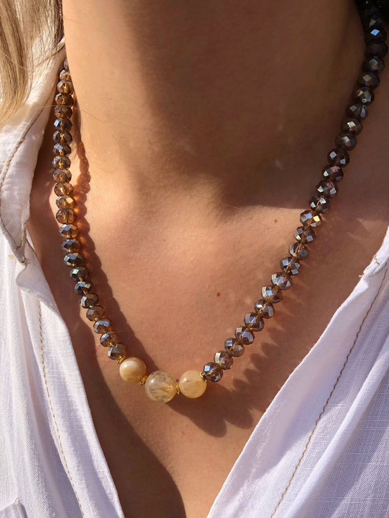 Colar Cristais Lapidados Cor Fumê E Pedras Naturais Quartzo Rutilado