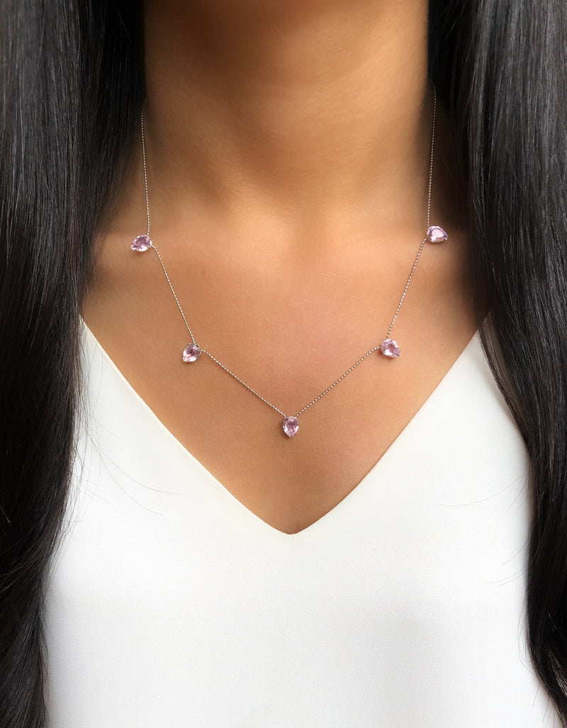 Colar Corrente Com 5 Gotas Cristais Lapidados Rosa