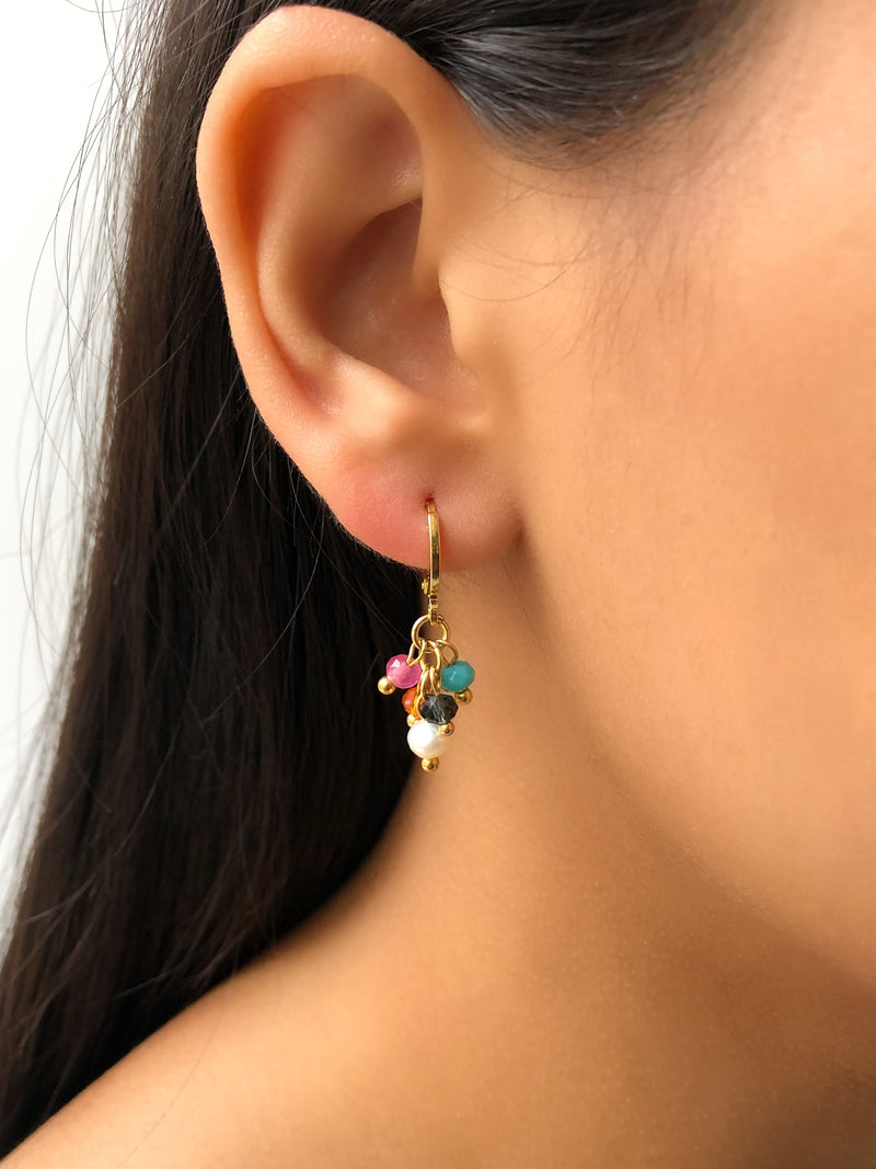 Par De Brincos Argola Cristais Coloridos Com Azul Turquesa E Pérola Água Doce