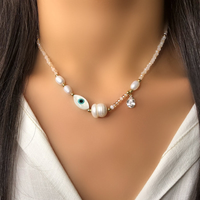 Colar Laura Perolado Com Olho Grego Madrepérola E Pérolas