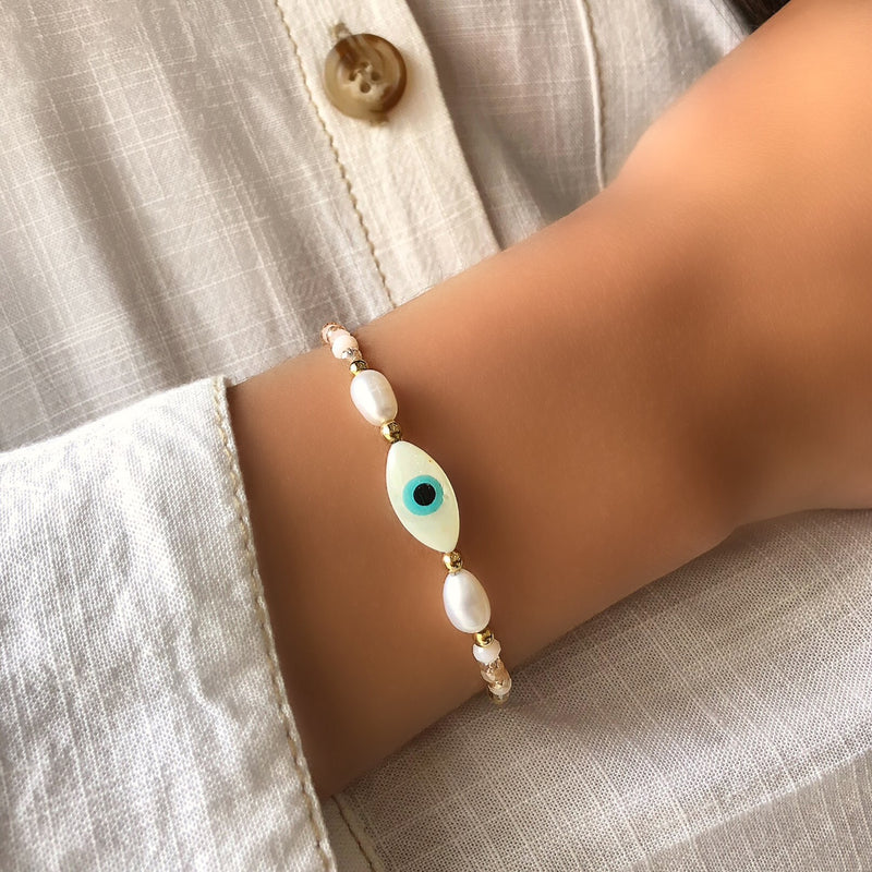 Pulseira Laura Perolado Com Olho Grego Madrepérola E Pérolas