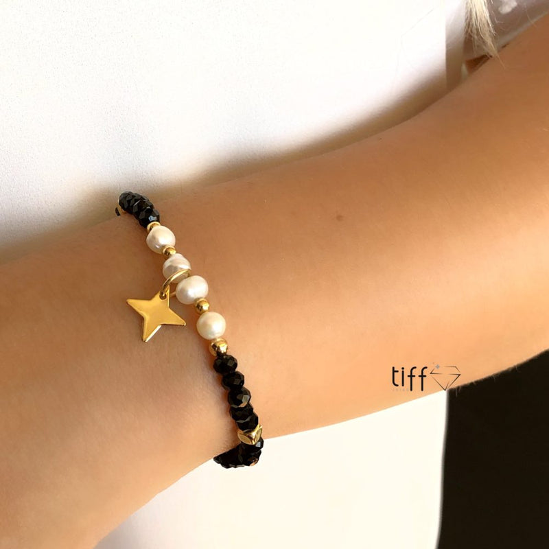 Pulseira Cristais Cor Ônix Com Pérola Água Doce E Estrela